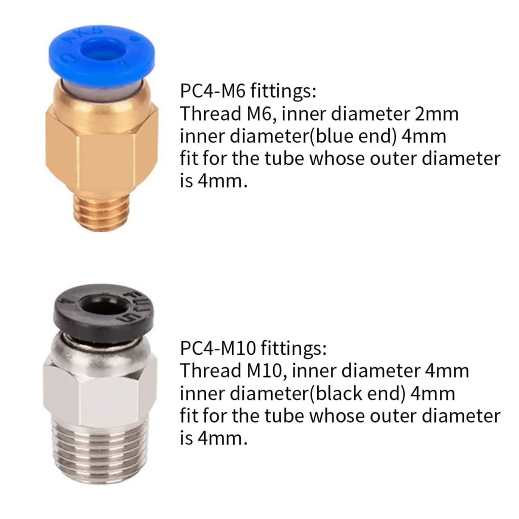 PC4-M6 and PC4-M10 pneumatic fittings with blue and black tube end inserts