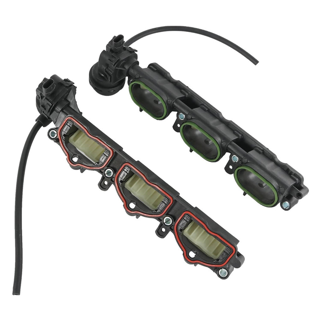 Intake manifold pair with seals, connectors and hoses; black housings with green gaskets