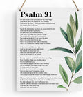 Psalm 91 scripture wall art close-up with green leaves, text, and hanging rope