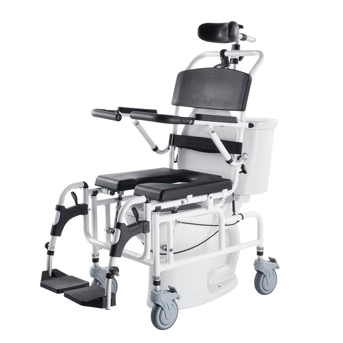 Shower commode wheelchair with black padded seat, armrests, and footrests, white frame