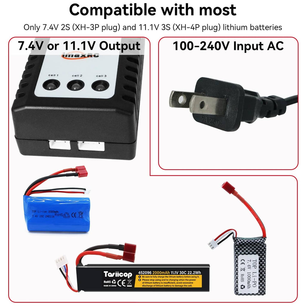 Compact black LiPo balance charger showing AC input and multi-output connection ports