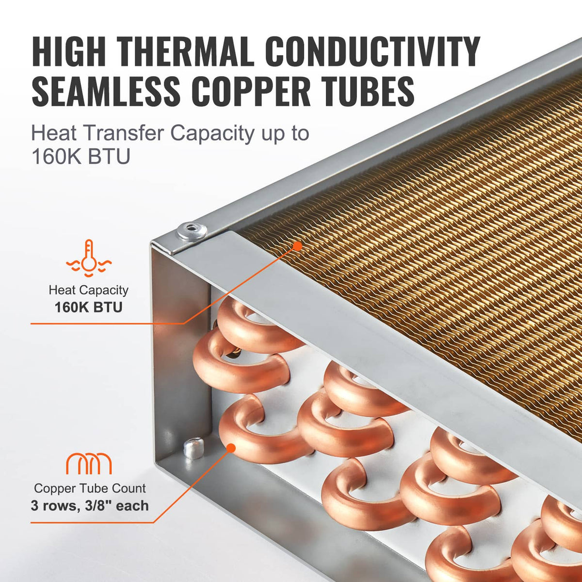 Water-to-air heat exchanger with seamless copper tubes along the fin edge