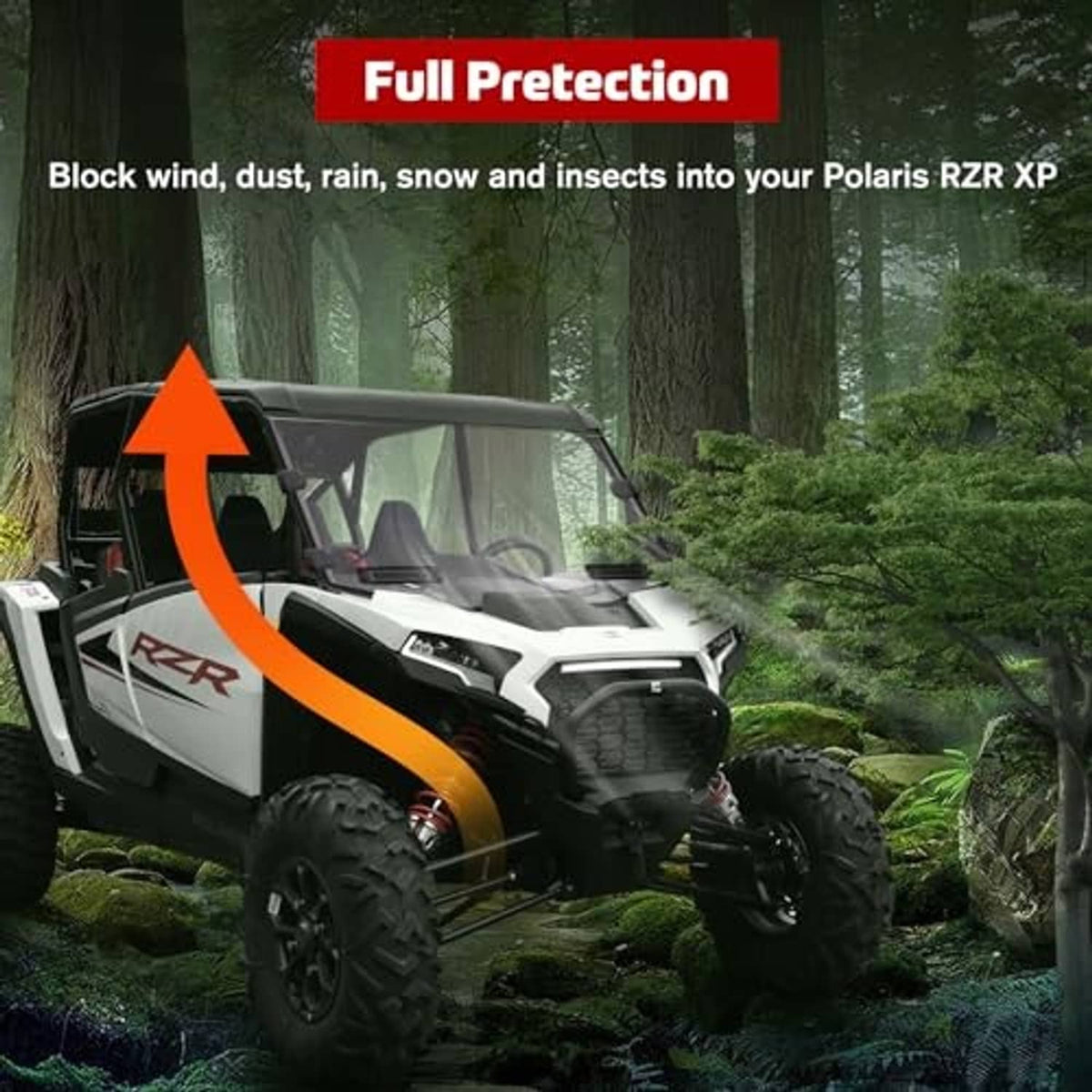 Full windshield cover for UTV cab, clear panel wrapping the front opening
