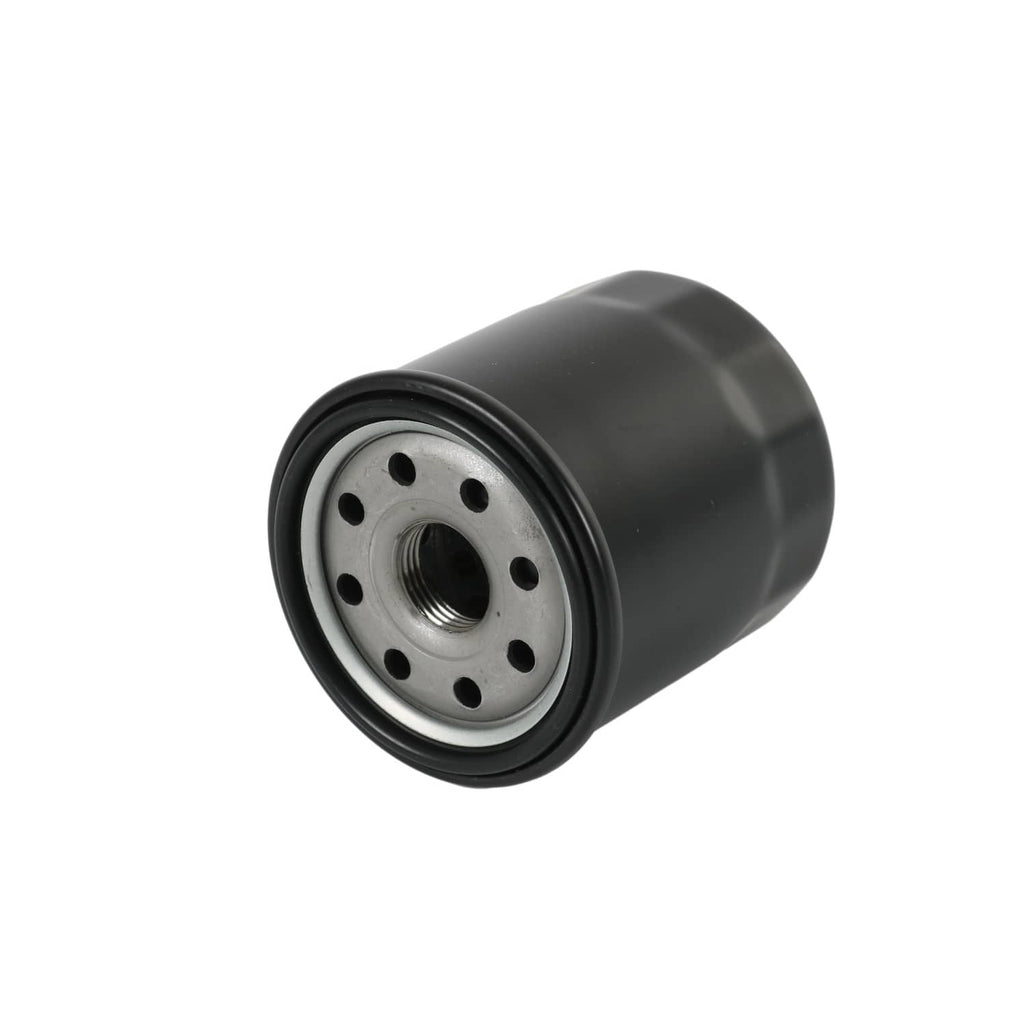 Hydraulic oil filter canister side view with perforated end plate and threaded center