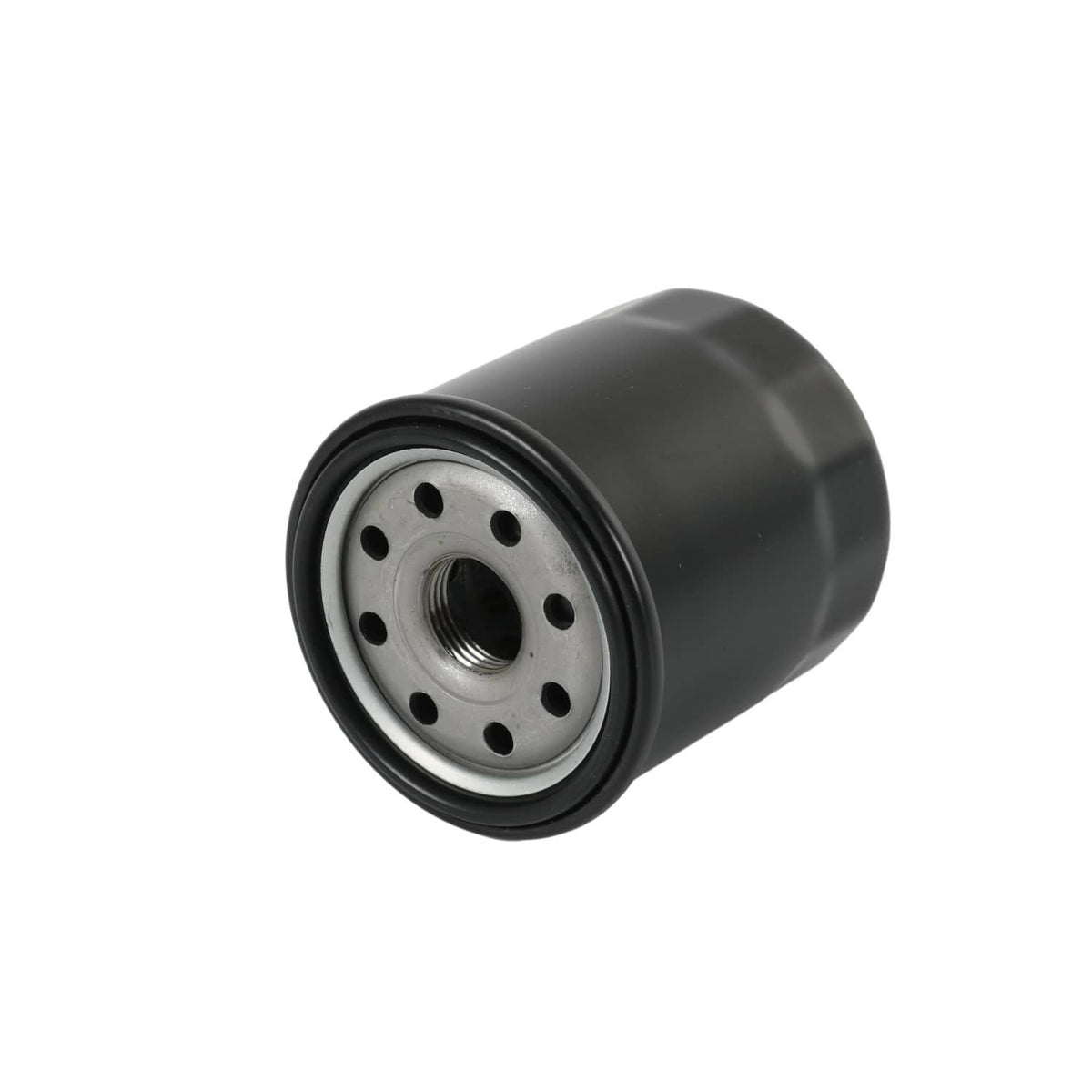 Hydraulic oil filter canister side view with perforated end plate and threaded center