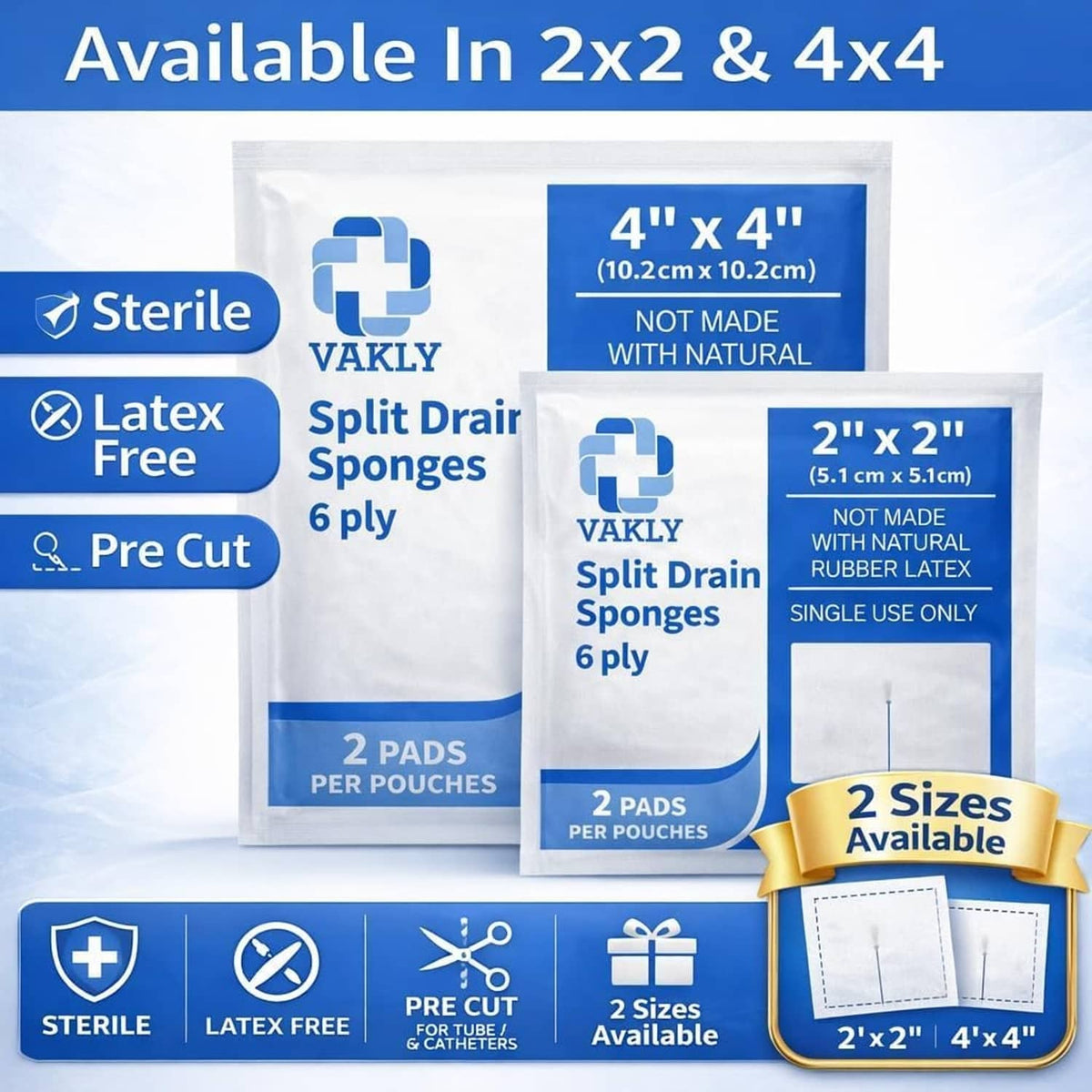 Sterile white split drain sponge gauze pads, 2x2 and 4x4 pre-cut pouches