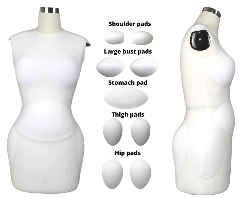 White dress form with shoulder pads, large bust, stomach, thigh, and hip pads, front and side