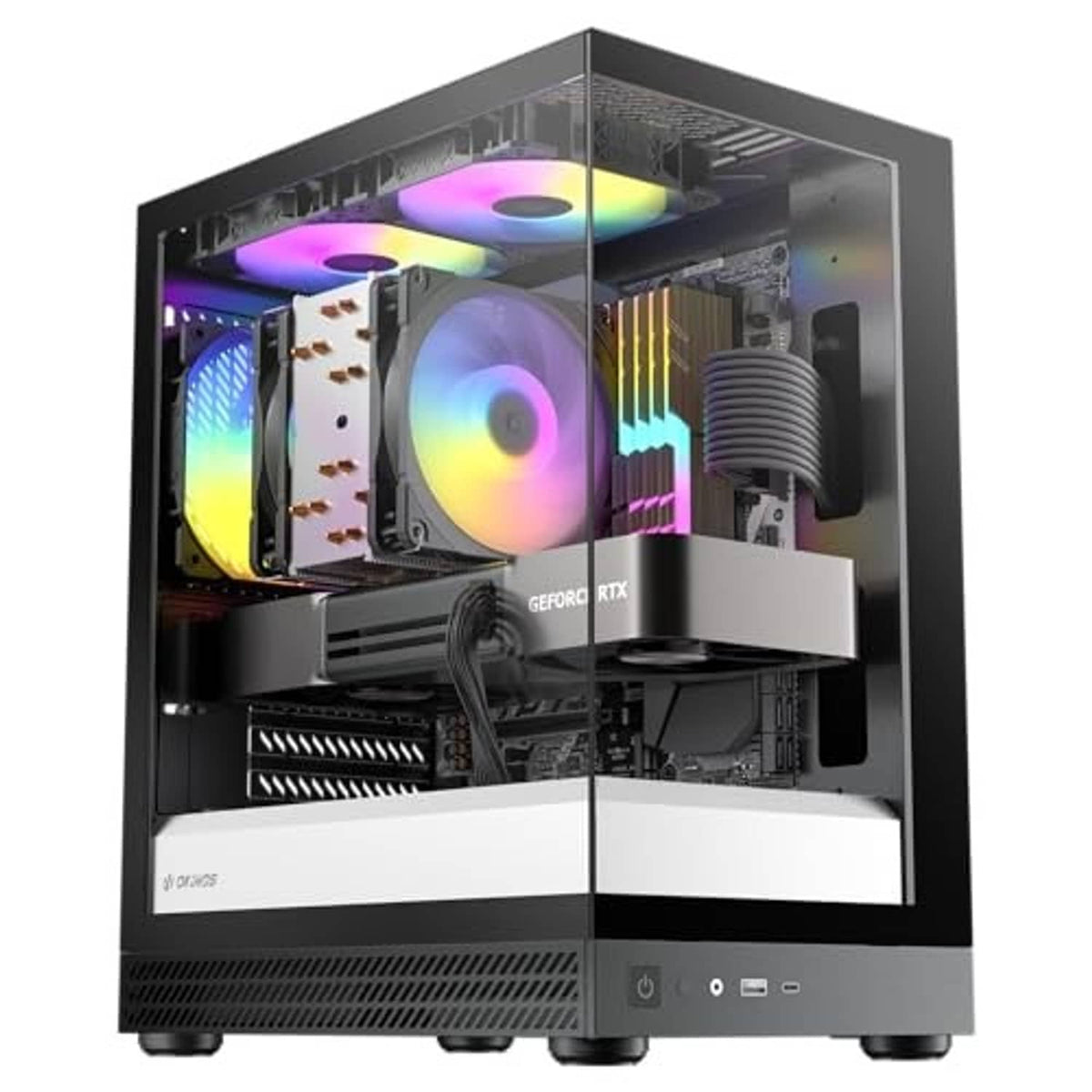 Micro ATX PC case with clear side panel showing RGB fans, CPU area, and GPU