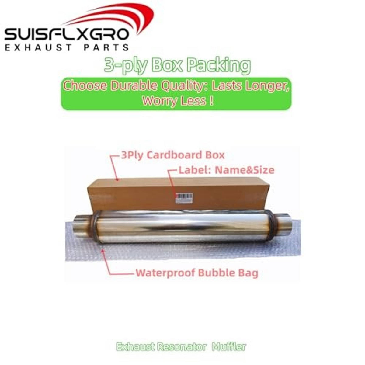 Exhaust resonator muffler in a 3-ply cardboard box with waterproof bubble bag wrap