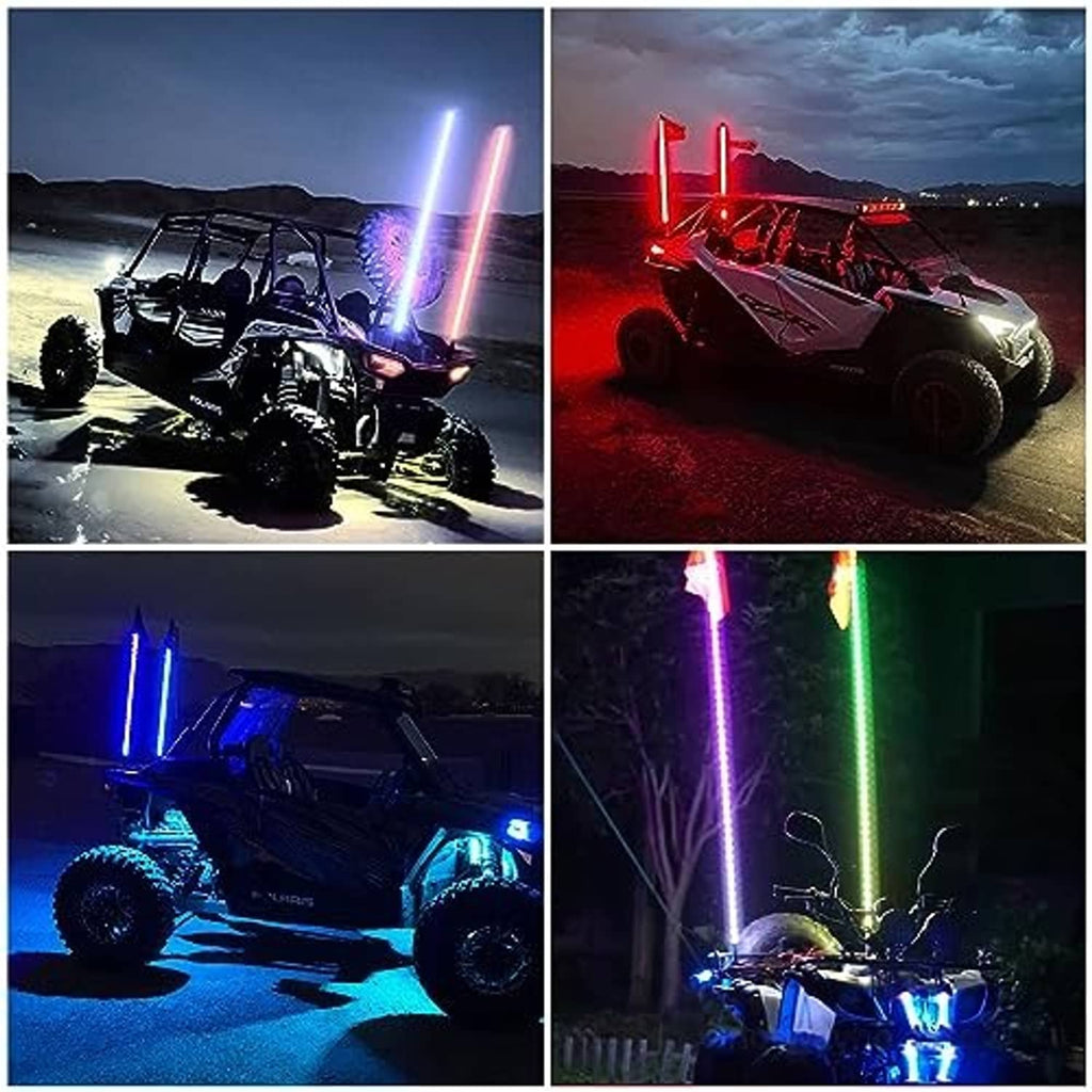 Four 4 ft LED whip light beam effects in red, blue, purple, and green on vehicles