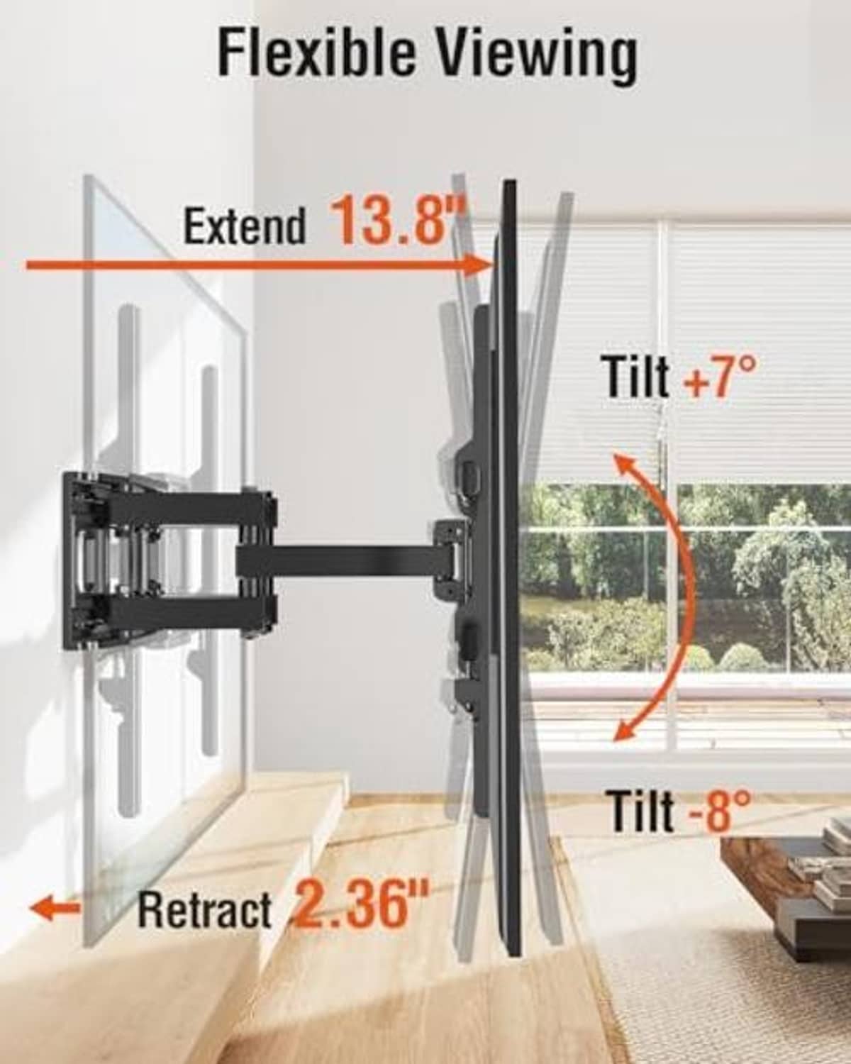 Articulating black TV wall mount on a wall with flexible tilt and extend arms