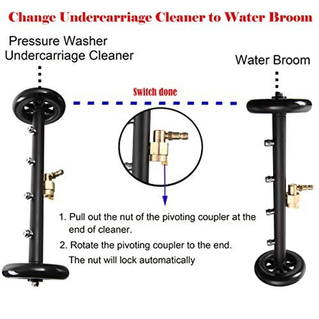 Convertible undercarriage cleaner to water broom with pivoting coupling and black wheel base