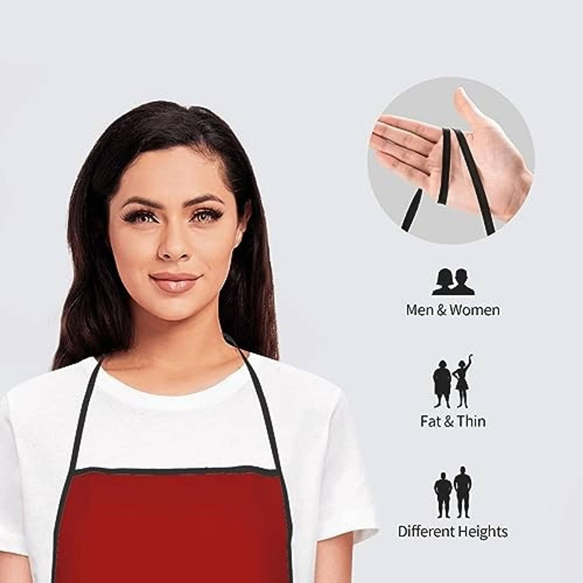 Red apron with Catch Up With Jesus graphic, worn over a white shirt; black neck ties.