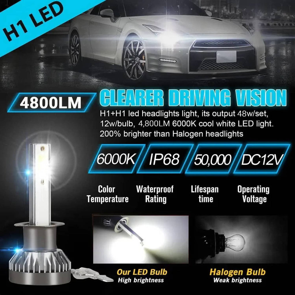 Four H1 LED headlight bulbs with tall LED modules and black wiring harness
