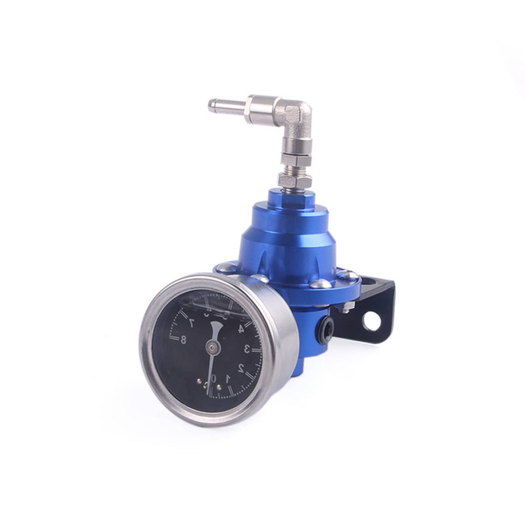 Blue fuel pressure regulator with round oil pressure gauge and silver pipe elbow fitting