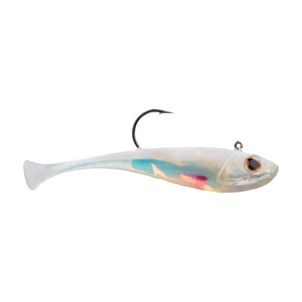 Fishing soft plastic bait lure in translucent white with blue and pink accents, single hook