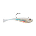 Fishing soft plastic bait lure in translucent white with blue and pink accents, single hook
