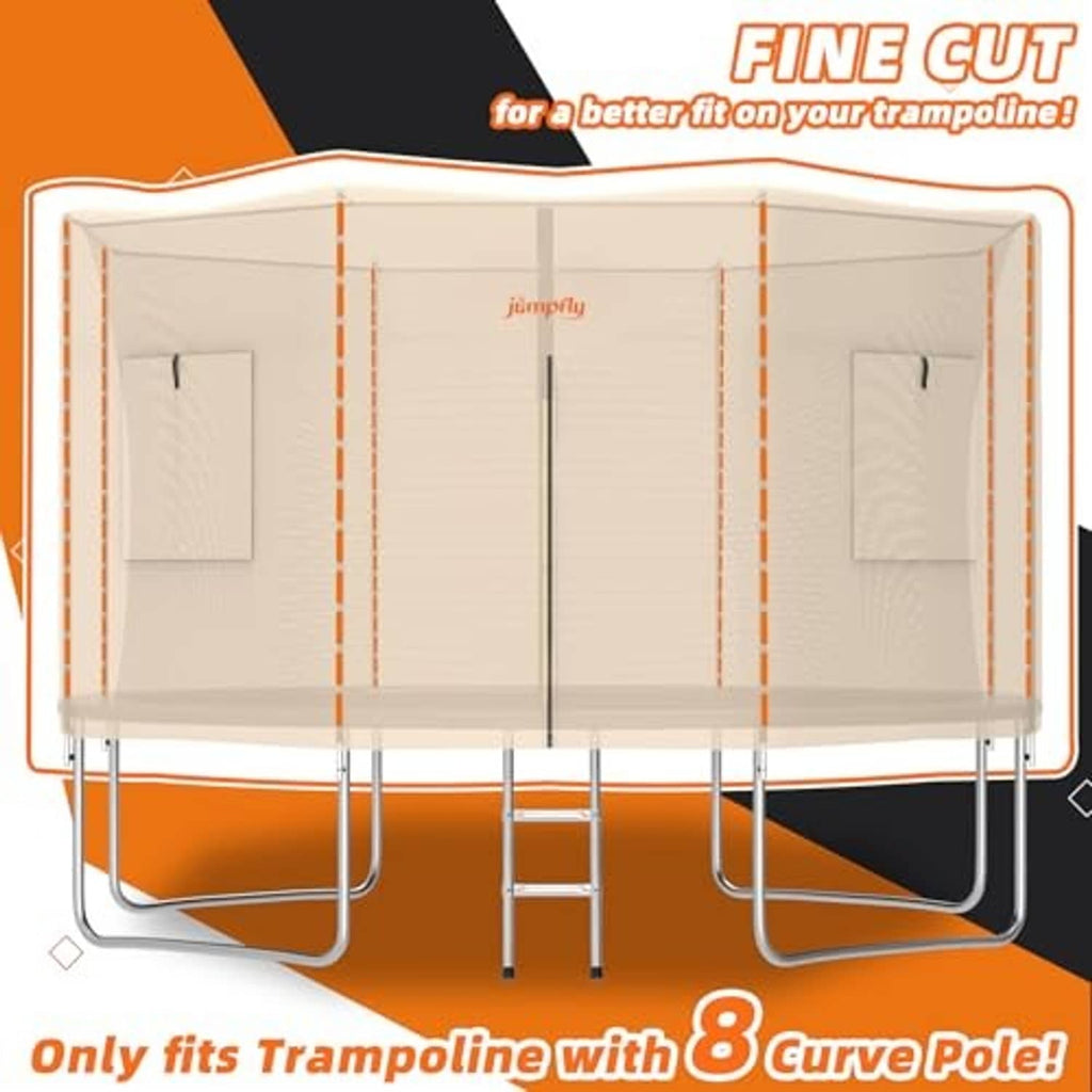 Beige trampoline tent with zipper side doors and reinforced roof edge