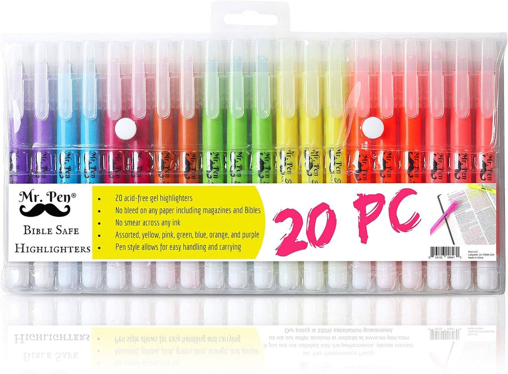 20-pack gel highlighters, assorted colors, twist-up pens in clear plastic tray