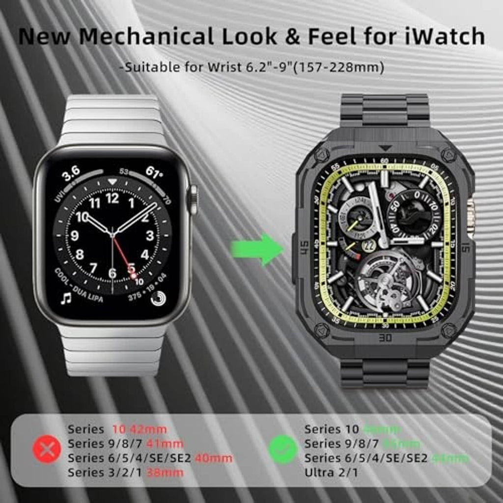 Black mechanical watch case on steel band with detailed skeleton dial