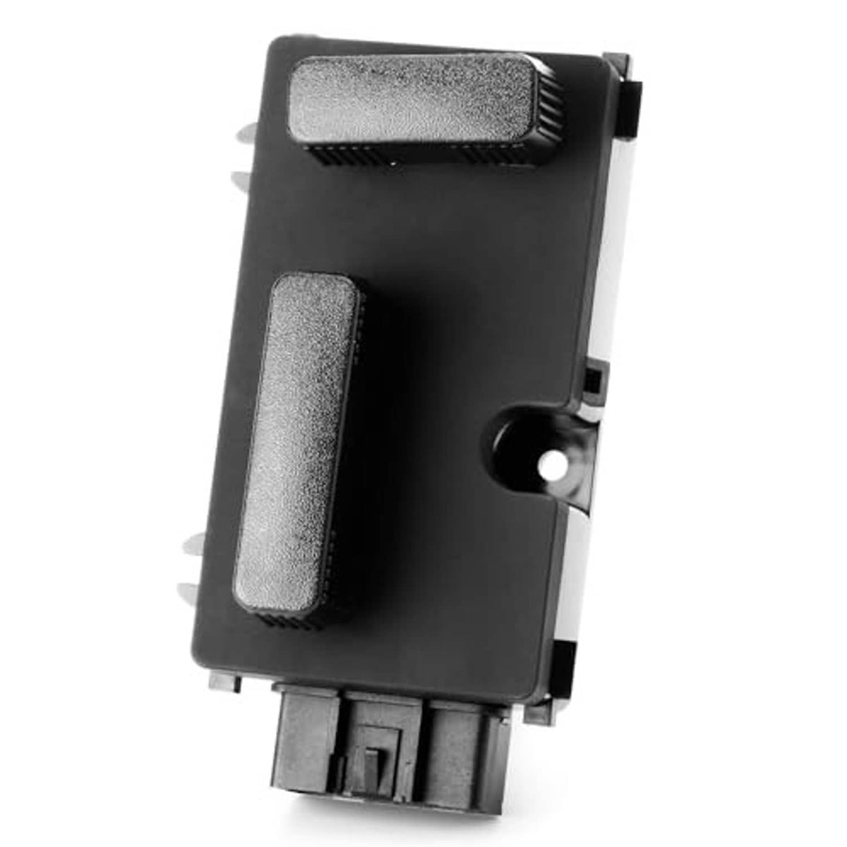 Passenger side power seat switch control module with two textured buttons and side socket opening.