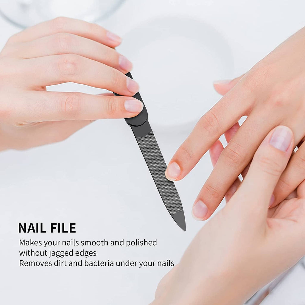 Black nail file with textured surface and pointed tip on a curved handle