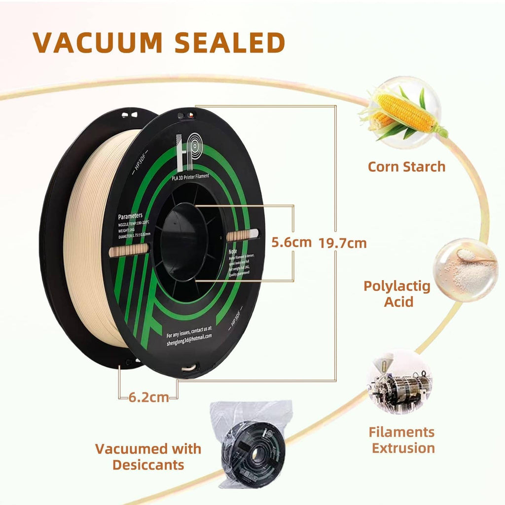 Vacuum-sealed PLA filament spool with skin-beige filament on black reel