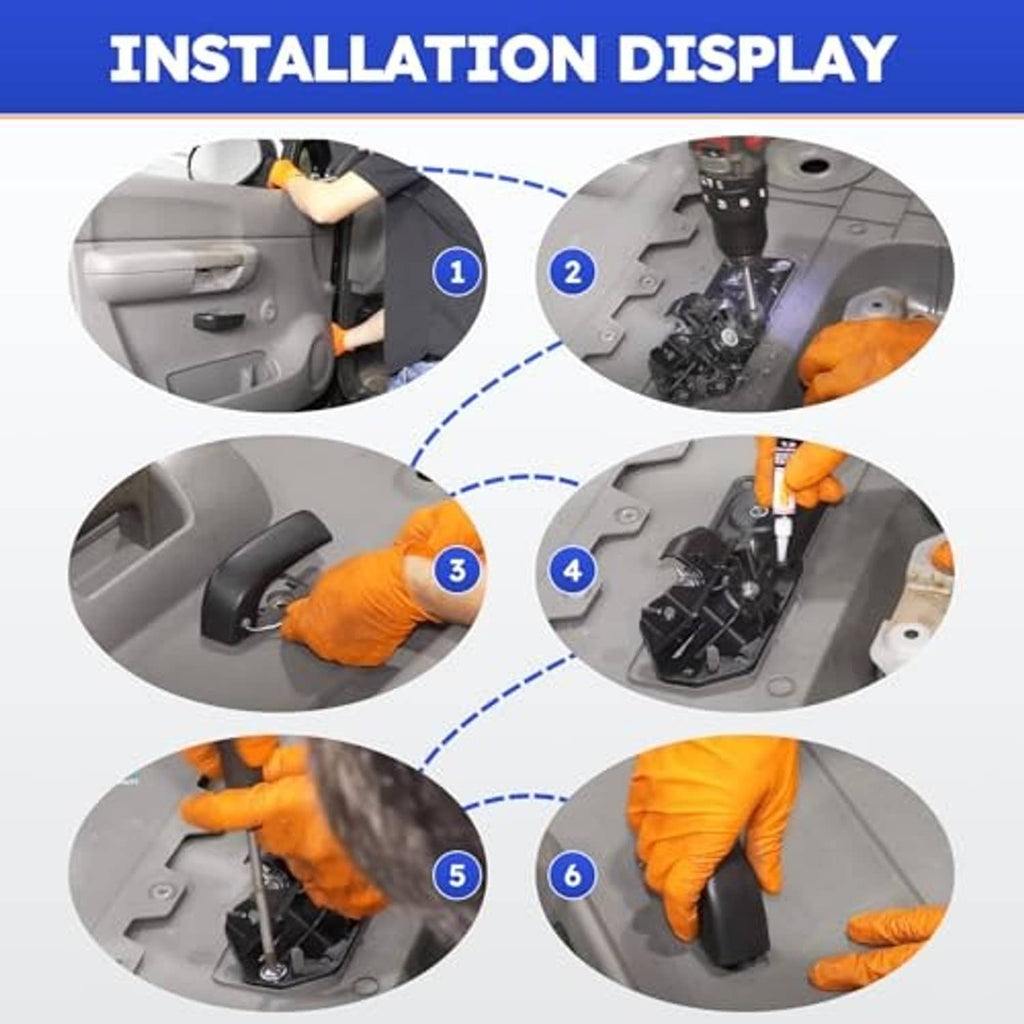 Installation steps diagram for interior door handle kit with illustrated tool use
