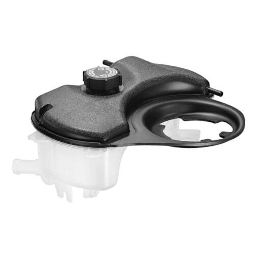 Engine coolant expansion overflow tank with black cap and side hose