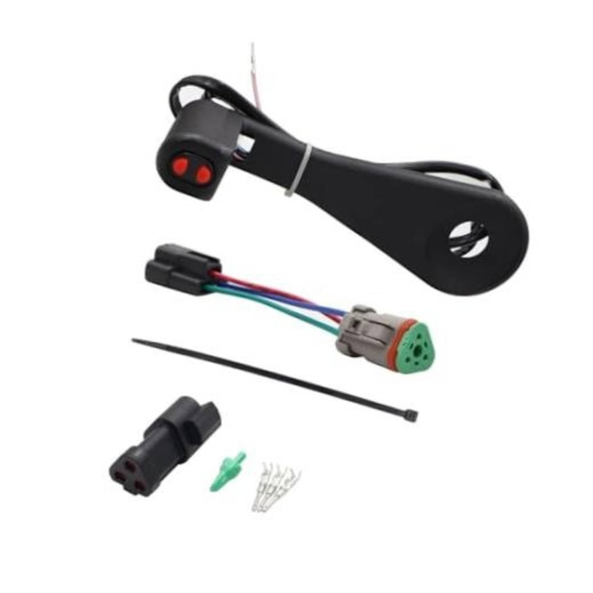 Trim tilt switch with black housing, wiring harness, green plug, and pin parts