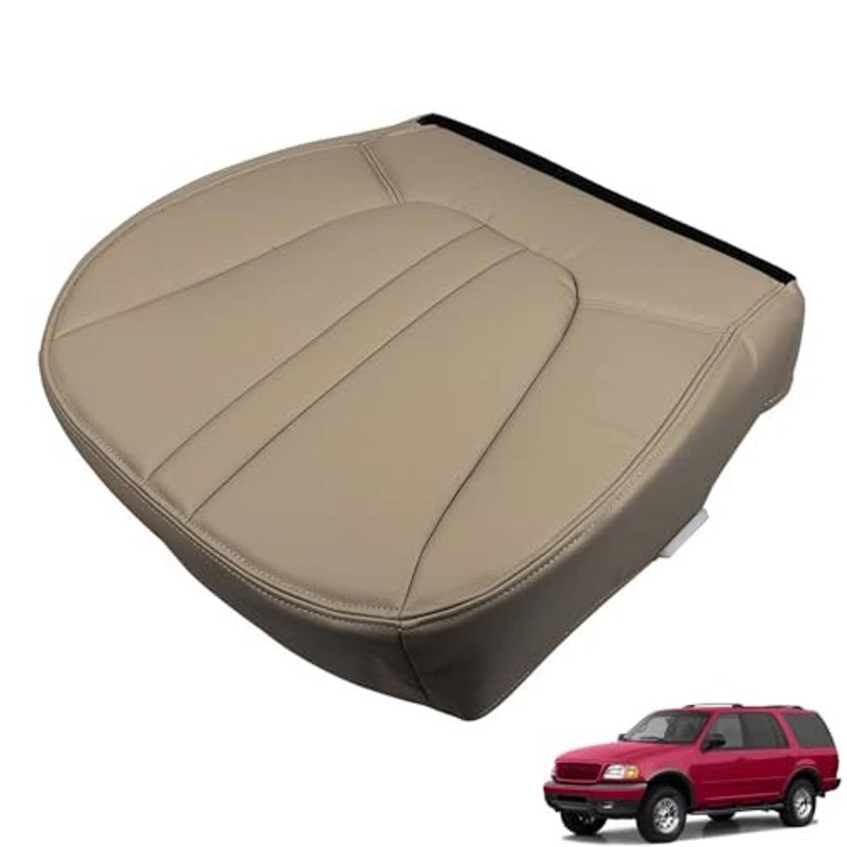 Tan synthetic leather seat bottom cover with curved seam lines and dark underside