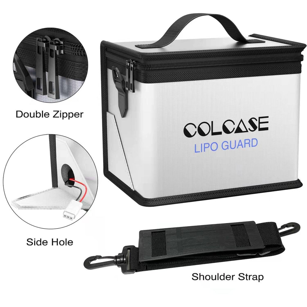 Colcase Lipo Guard storage bag with double zipper, side hole feature, and shoulder strap