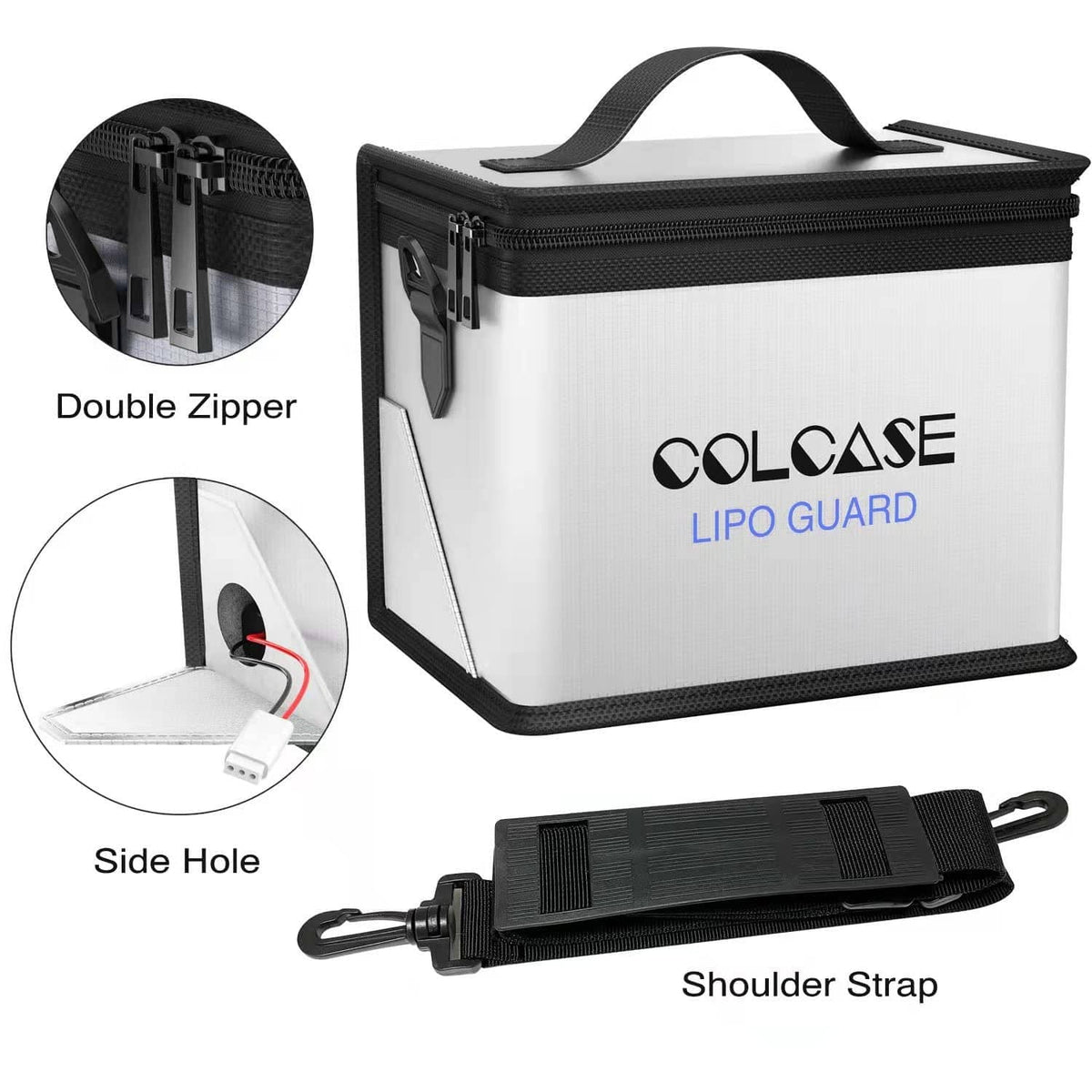 Colcase Lipo Guard storage bag with double zipper, side hole feature, and shoulder strap