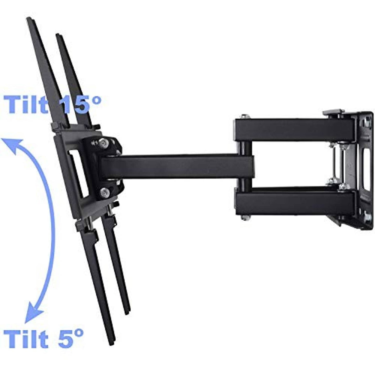 TV wall mount bracket with tilt movement and secure locking knobs on the arms