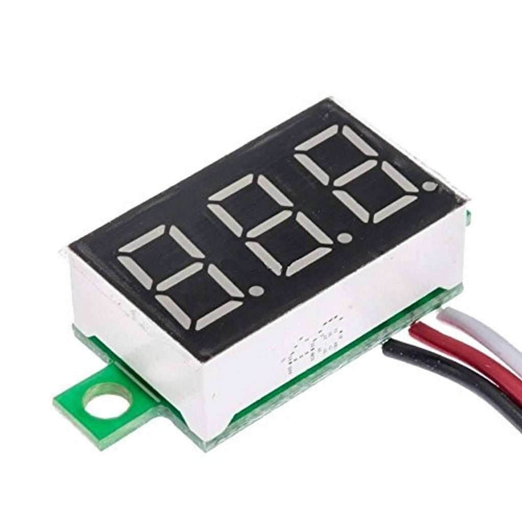Compact digital DC voltmeter module with black display and green terminal block
