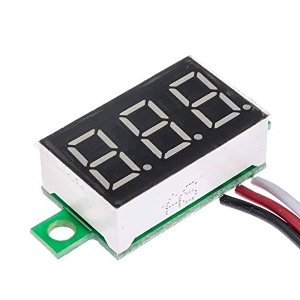 Compact digital DC voltmeter module with black display and green terminal block