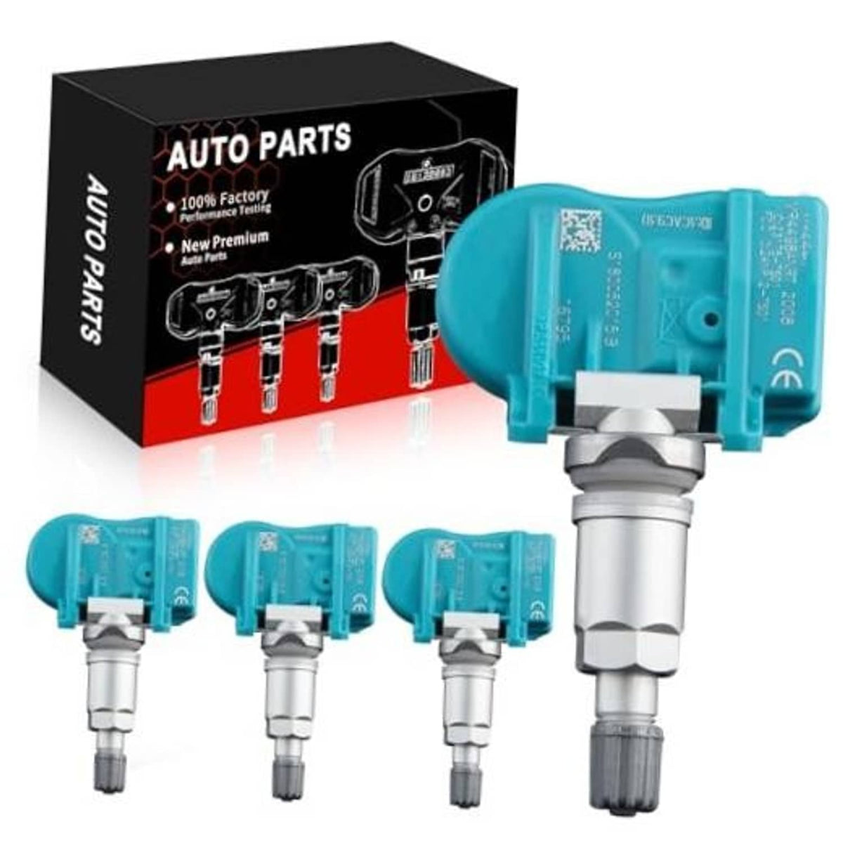 Turquoise TPMS sensors with metal valve stems, four-pack with product box
