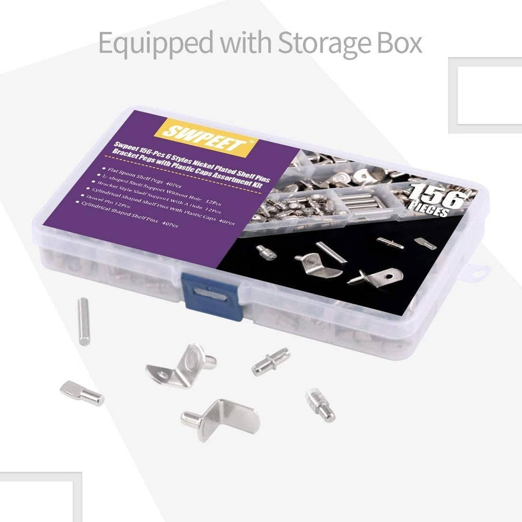 Shelf pin hardware kit in clear storage box with assorted nickel-plated pieces