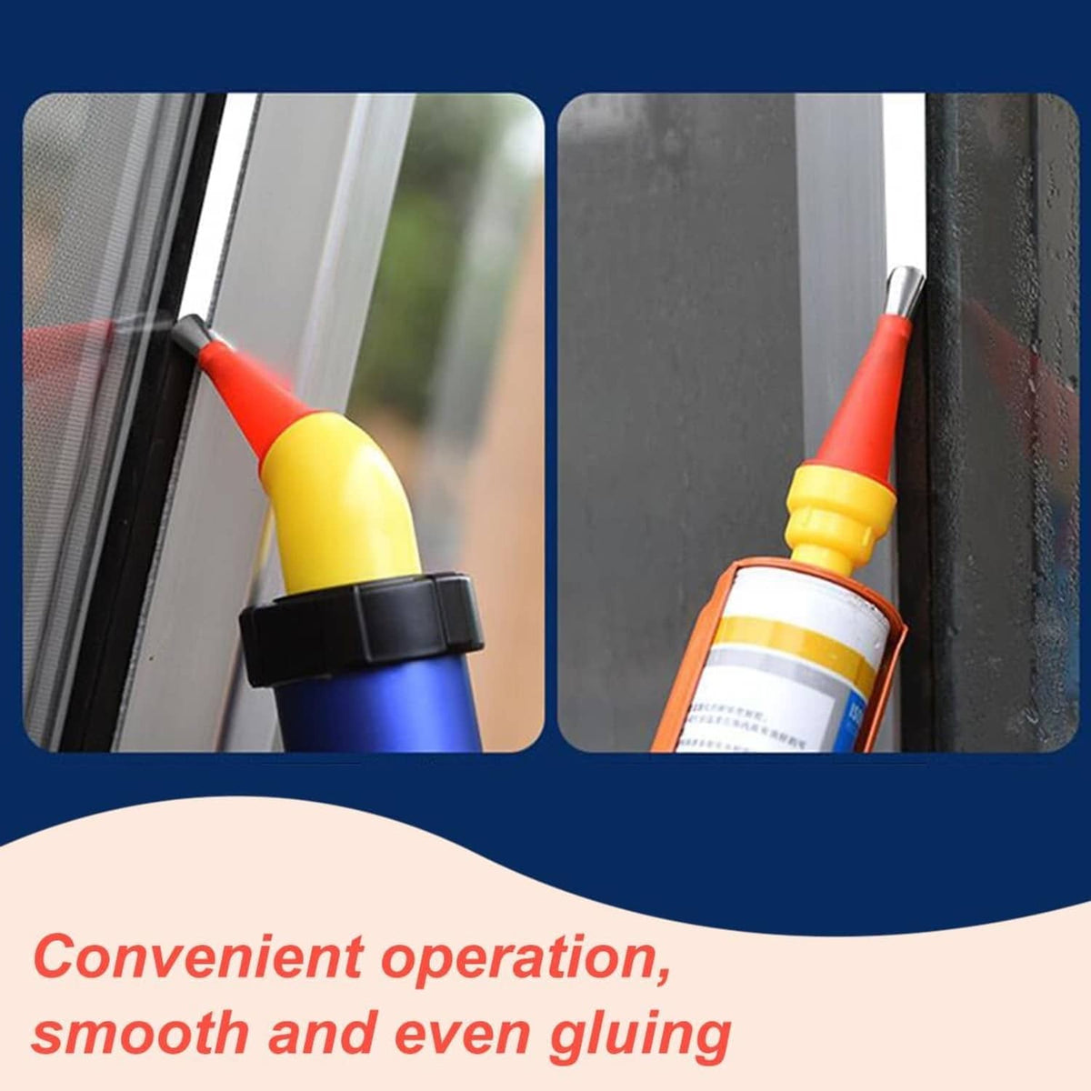 Red caulk finisher nozzle with yellow connector used on a window frame for smooth joints