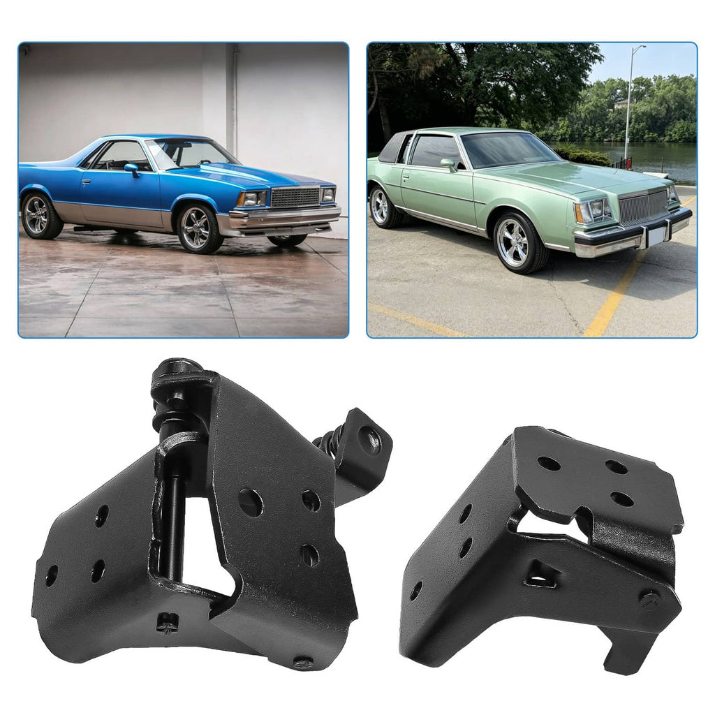 Black door hinge pair with coil springs and bolt holes, driver-side mounting plates.