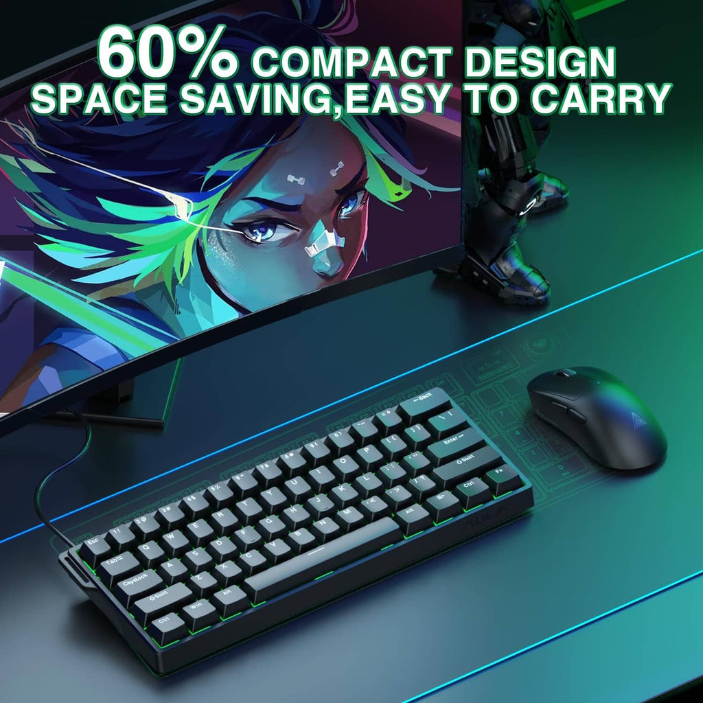 Black compact 60% gaming keyboard with RGB keys and attached cable, with mouse