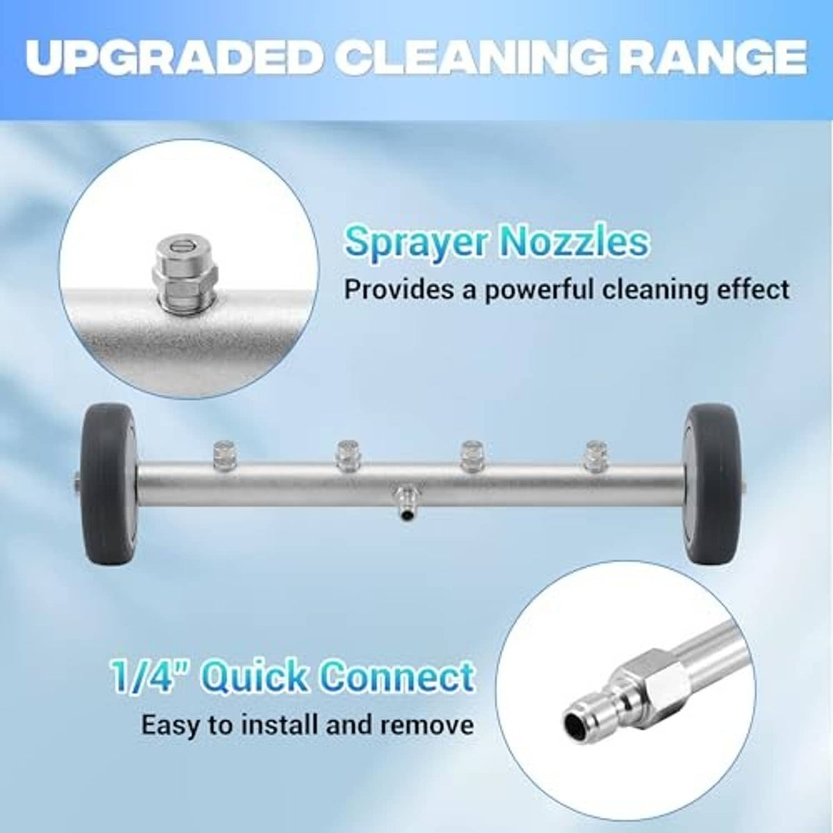 Metal wheeled undercarriage sprayer wand with multiple spray nozzles and quick-connect fitting