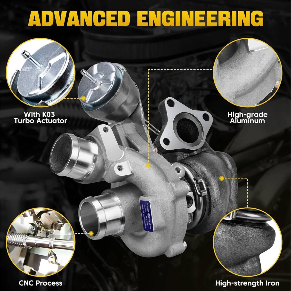 Turbocharger assembly with cast aluminum housing, intake ports, and attached actuator