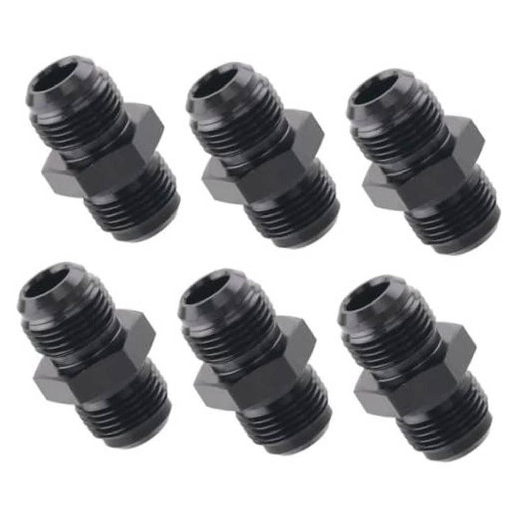 Set of black AN male flare coupler union fittings with threaded ends, 6-pack