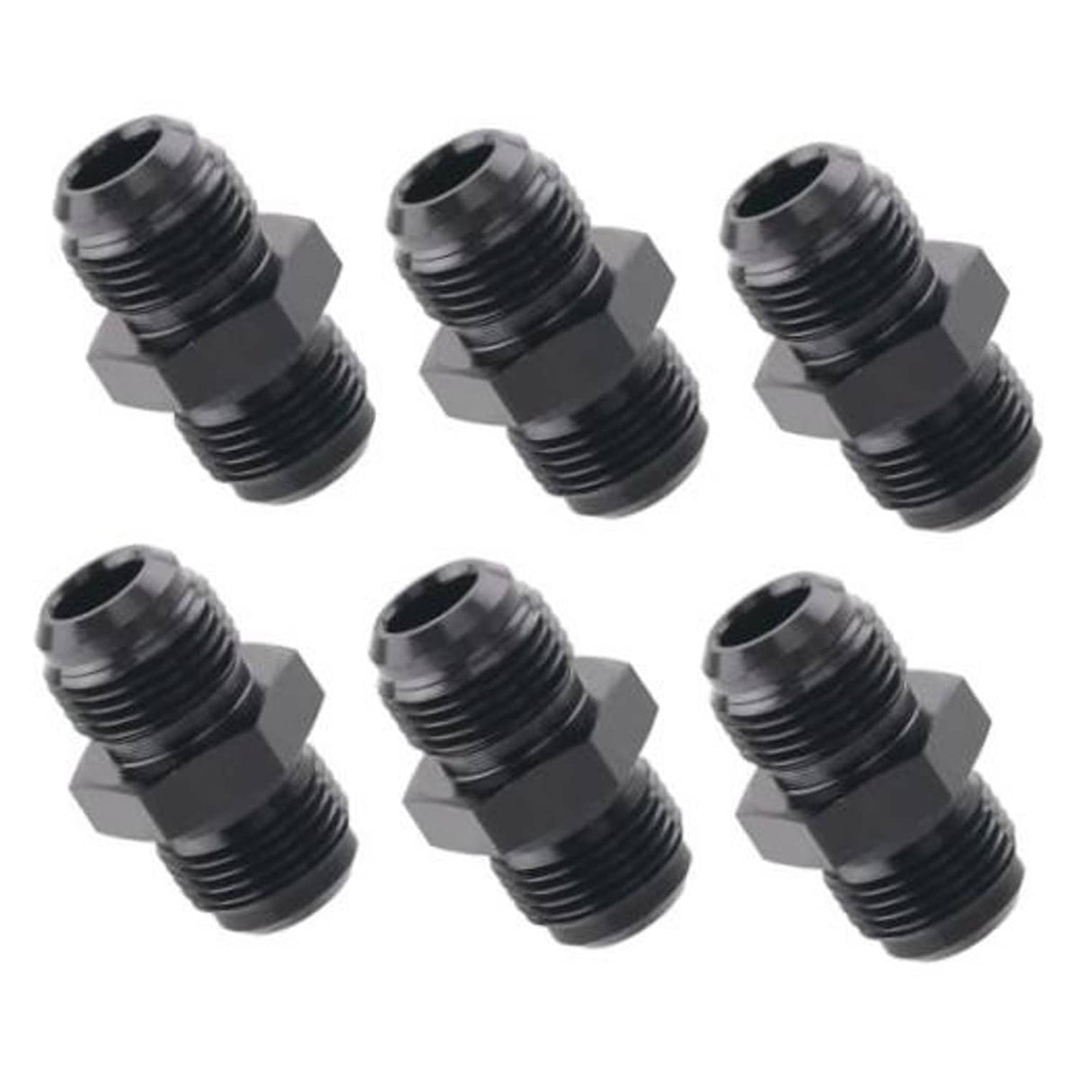 Set of black AN male flare coupler union fittings with threaded ends, 6-pack