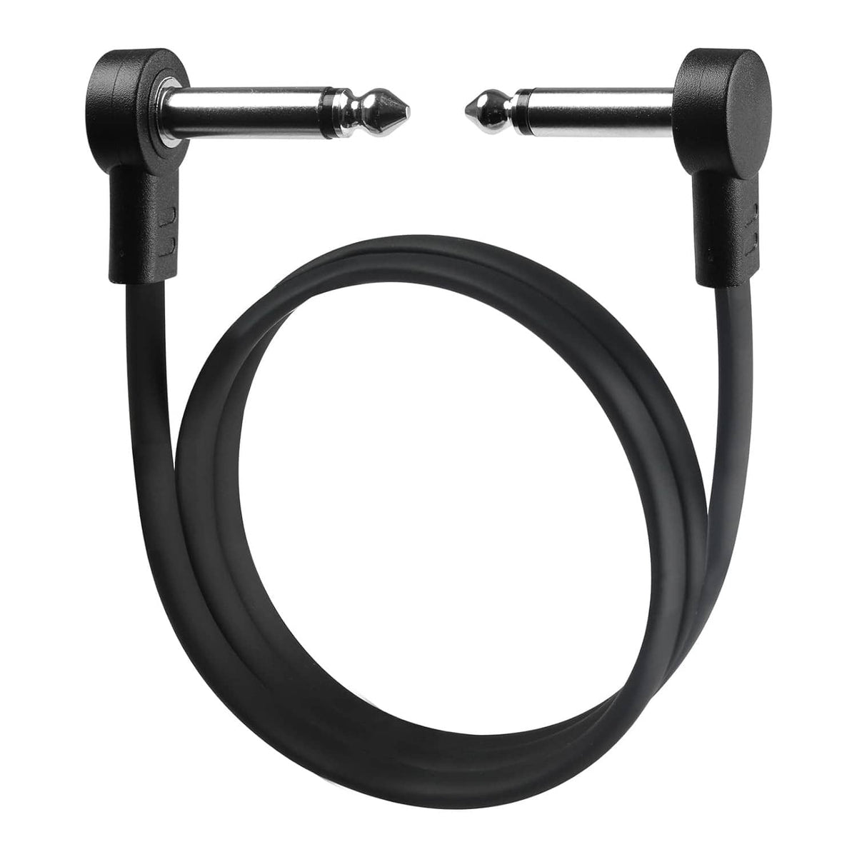 Black right-angle 1/4-inch TS guitar patch cable on a pedalboard setup.