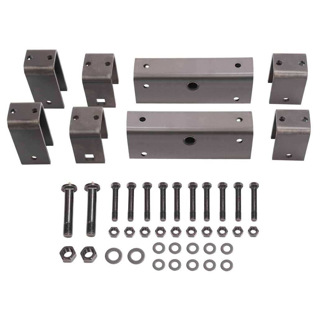 Spring hanger kit brackets and hardware, silver steel blocks with bolts and nuts