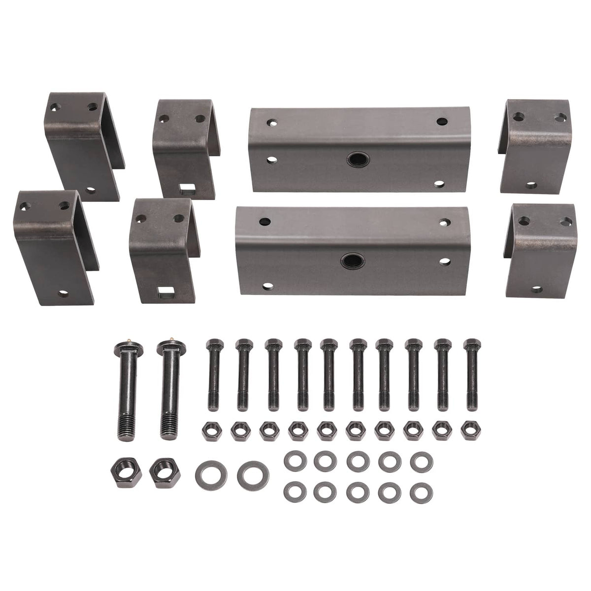 Spring hanger kit brackets and hardware, silver steel blocks with bolts and nuts