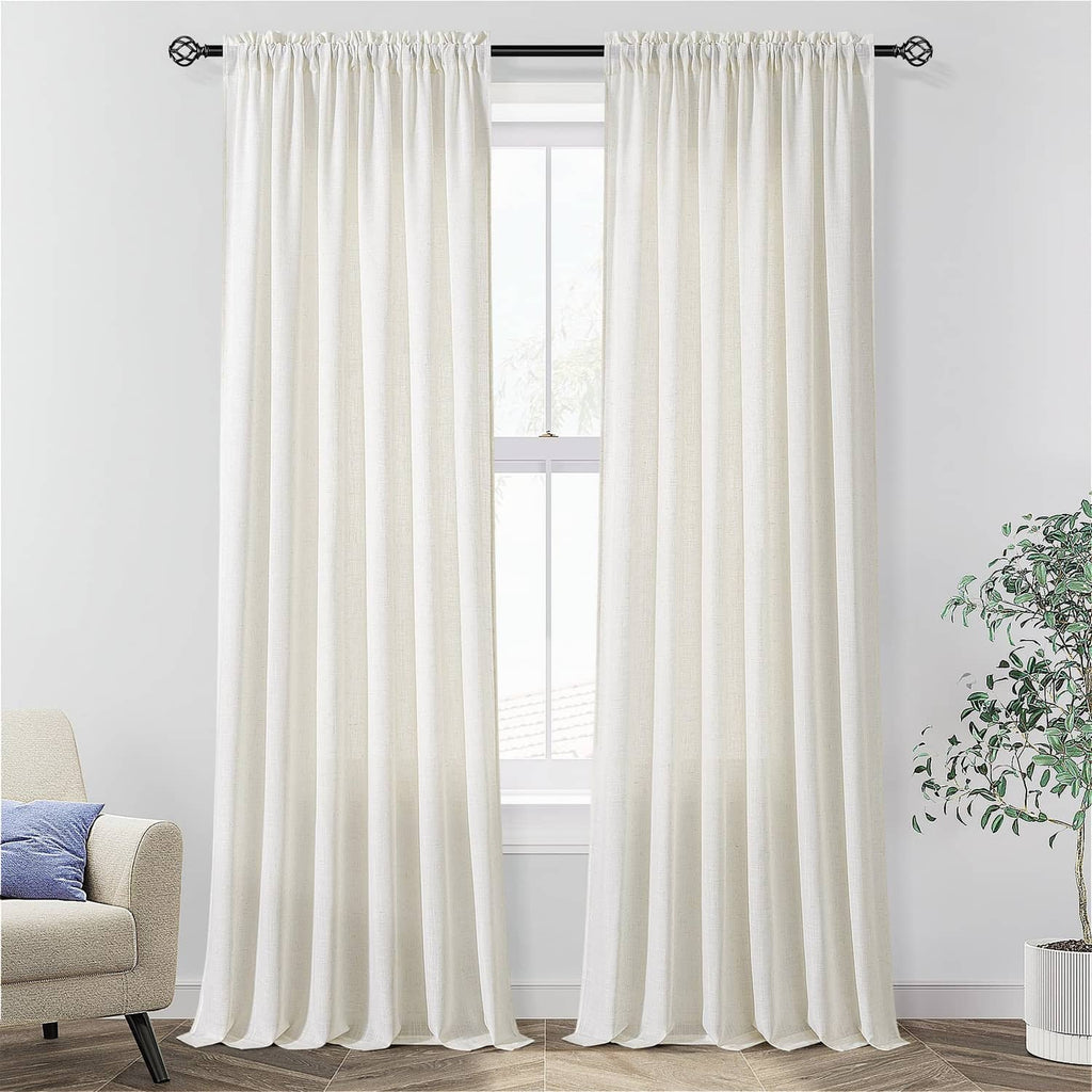 Natural linen curtains, twin panels with rod and evenly gathered pleats framing window