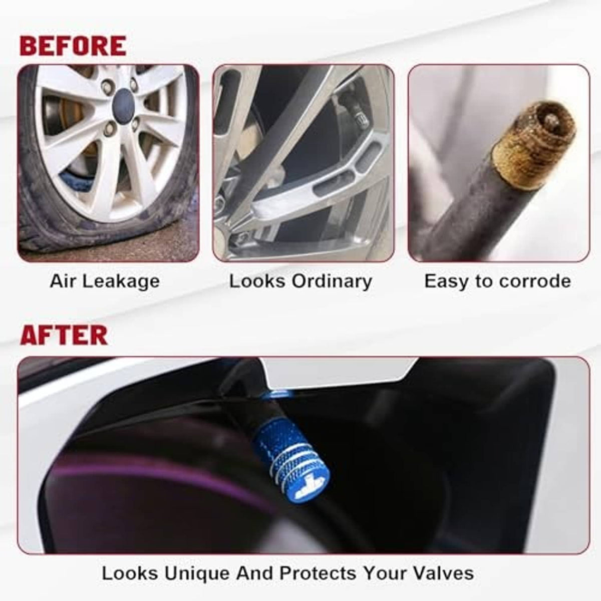 Blue tire valve cap installed on a wheel valve, ridged blue body with white emblem